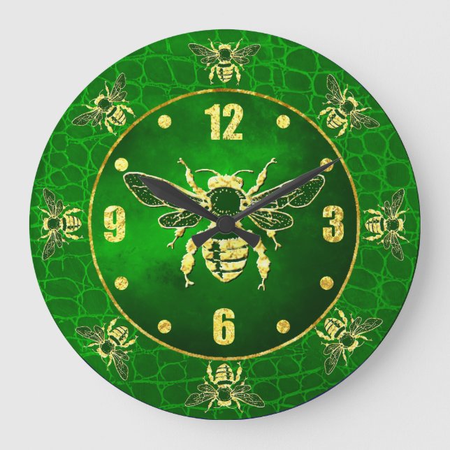 Reloj Redondo Grande Abeja de miel en oro y verde (Anverso)