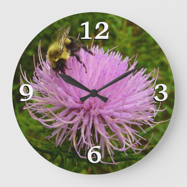 Reloj Redondo Grande Abeja en Flor de Cardo Naturaleza (Anverso)