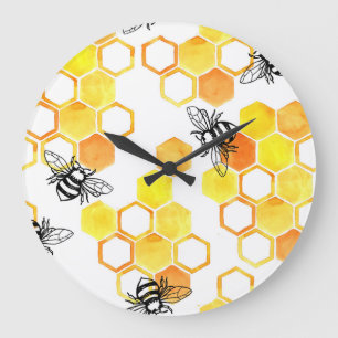 Reloj Redondo Grande Abejas de miel: Patrón de acuarela amarillo