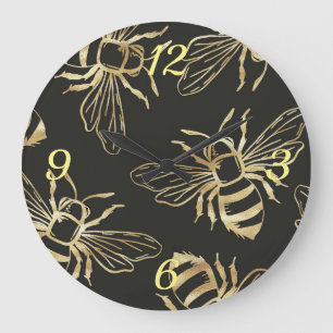 Reloj Redondo Grande Abejas doradas, en un fondo negro.