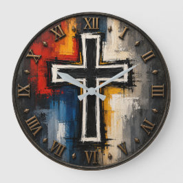 Reloj Redondo Grande Abstract Christian Cross Modern Faith Art