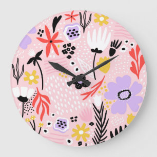 Reloj Redondo Grande Abstract Floral: Creativo Diseño Vintage.