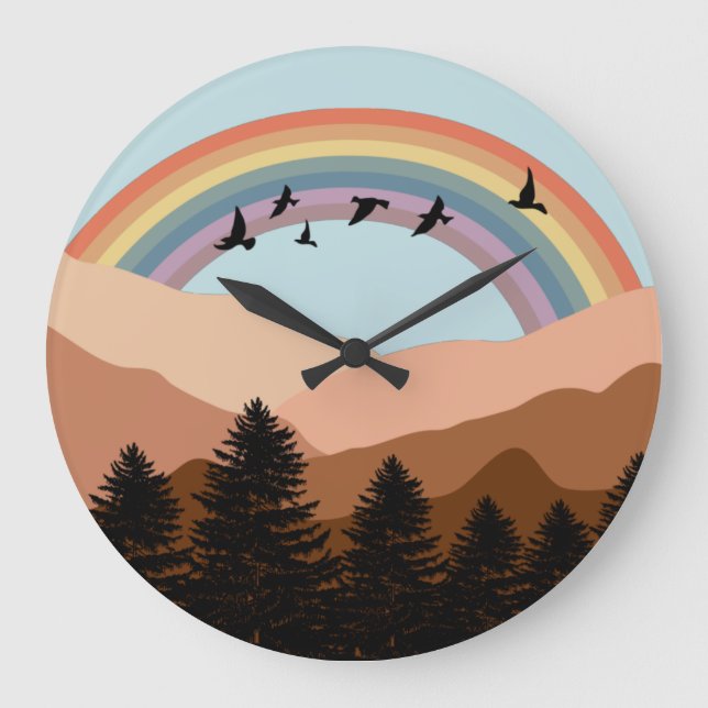 Reloj Redondo Grande Abstract Landscape Forest Rainbow & Birds Nursery  (Anverso)