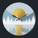 Reloj Redondo Grande Abstract Landscape Golden Winter Sunset Sunrise<br><div class="desc">A beautiful design showcasing a forest covered in snow,  mountain landscape and a golden sunset or sunrise reflecting in the water. Color tones include neutral tones such as blue,  white and gold. A rustic design ideal for Winter home decor and the festive holiday season.</div>