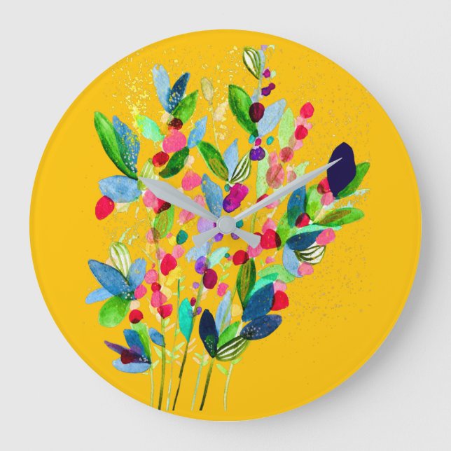 Reloj Redondo Grande Abstracto acuarela colorida floral (Anverso)