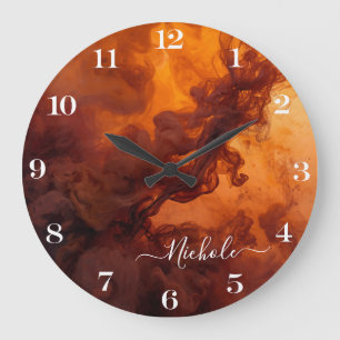 Reloj Redondo Grande Abstracto de Humo Naranja Oxidado Personalizado