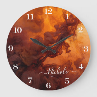 Reloj Redondo Grande Abstracto de Humo Naranja Oxidado Personalizado