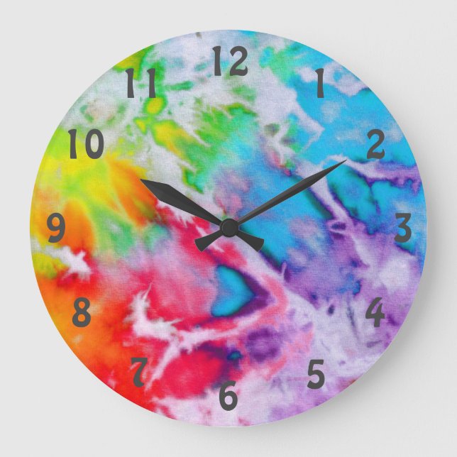 Reloj Redondo Grande Abstracto del arcoiris Boho acuarela Batik Tie Dye (Anverso)
