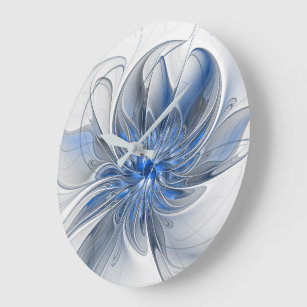 Reloj Redondo Grande Abstracto Flor de arte fractal de color gris azul