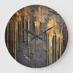 Reloj Redondo Grande Abstracto Moderno Negro y Goteo Dorado Metálico