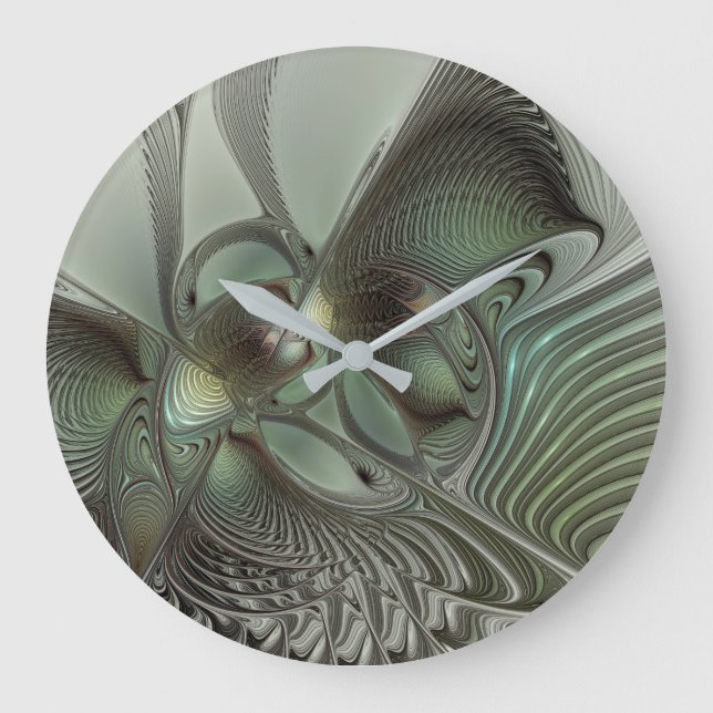 Reloj Redondo Grande Abstracto Olive Sage Green Grey Fractal Art Fantas (Anverso)