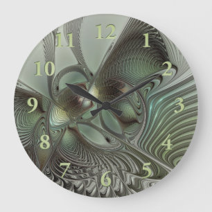 Reloj Redondo Grande Abstracto Olive Sage Green Grey Fractal Art Fantas