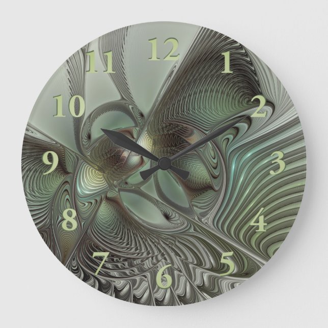 Reloj Redondo Grande Abstracto Olive Sage Green Grey Fractal Art Fantas (Anverso)