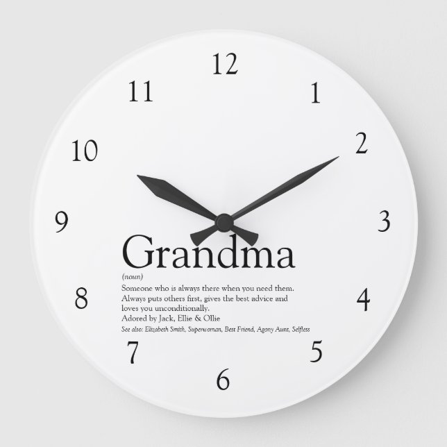Reloj Redondo Grande Abuela, abuela, abuela citan negro y blanco (Anverso)