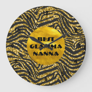 Reloj Redondo Grande Abuela Glamurosa Impresión de Animal Dorado y Negr
