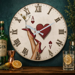 Reloj Redondo Grande Ace of Hearts Red High Heels Martini Glass