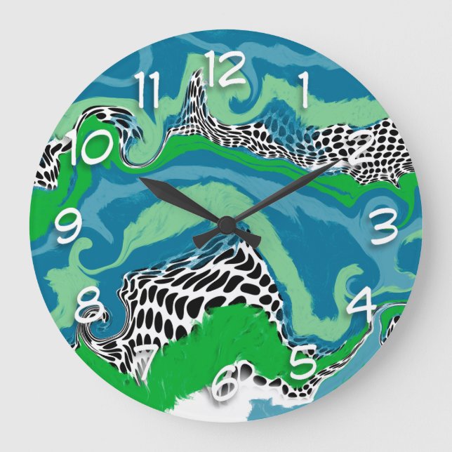 Reloj Redondo Grande Aceite abstrante verde, azul, negro y blanco sabio (Anverso)