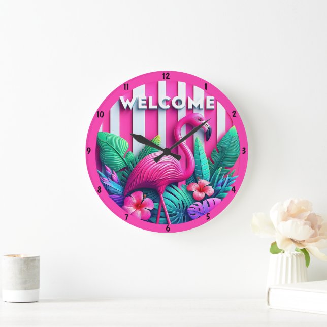 Reloj Redondo Grande Acento de flores de plantas tropicales de flamenco (Hogar)