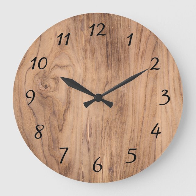 Reloj Redondo Grande Acento de Goma de Madera Marrón Claro Natural (Anverso)
