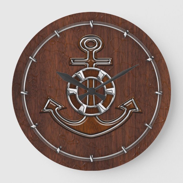Reloj Redondo Grande Acero Ancla De Mahogany Náutico Húmedo (Anverso)
