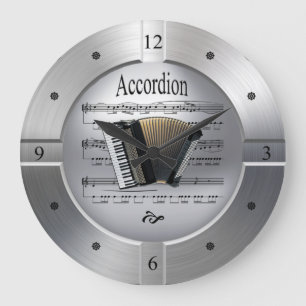 Reloj Redondo Grande Acordeón ~ Hoja Música ~ Color plateado cepillado 