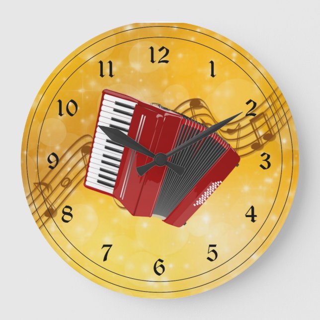 Reloj Redondo Grande Acordeón rojo y notas musicales (Anverso)