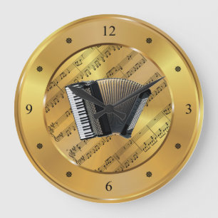 Reloj Redondo Grande Acordión~Hoja de música~Fondo de oro~Único~