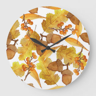 Reloj Redondo Grande Acorns de otoño: diseño de Acción de Gracias de co
