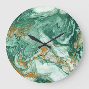 Reloj Redondo Grande Acrílico verde dorado: arte de textura de mármol.