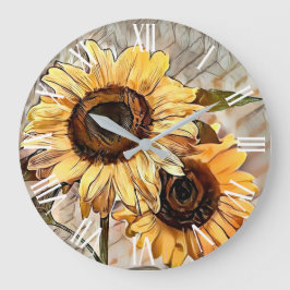 Reloj Redondo Grande Acuarela 2 Flores de Sol Glossy Colección Elegante