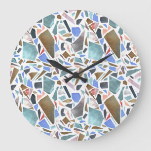 Reloj Redondo Grande acuarela abstracta: fondo blanco dibujado a mano.