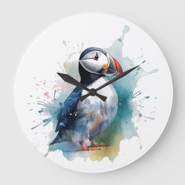 Reloj Redondo Grande Acuarela Adorable Puffin (Anverso)