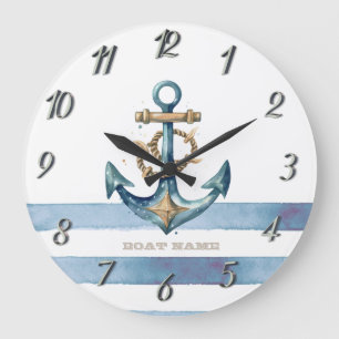 Reloj Redondo Grande Acuarela Ancla Náutica Rayas Azul Claro