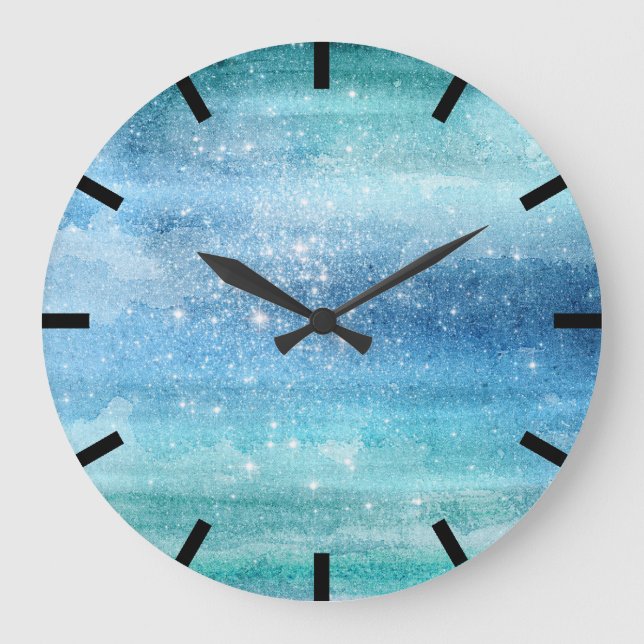 Reloj Redondo Grande Acuarela Aquarelle Turquoise Aqua Galaxia Océano (Anverso)