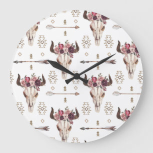 Reloj Redondo Grande acuarela Boho: flechas, patrón de cráneo.