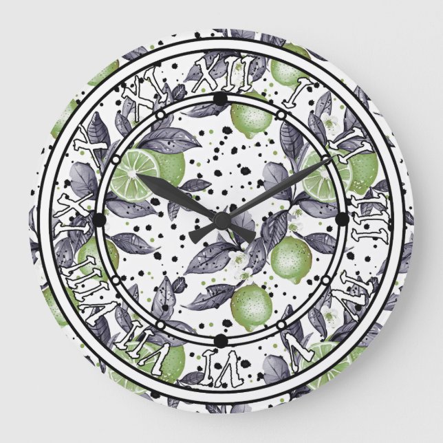 Reloj Redondo Grande acuarela bosquejada con detalles de hojas verdes,  (Anverso)