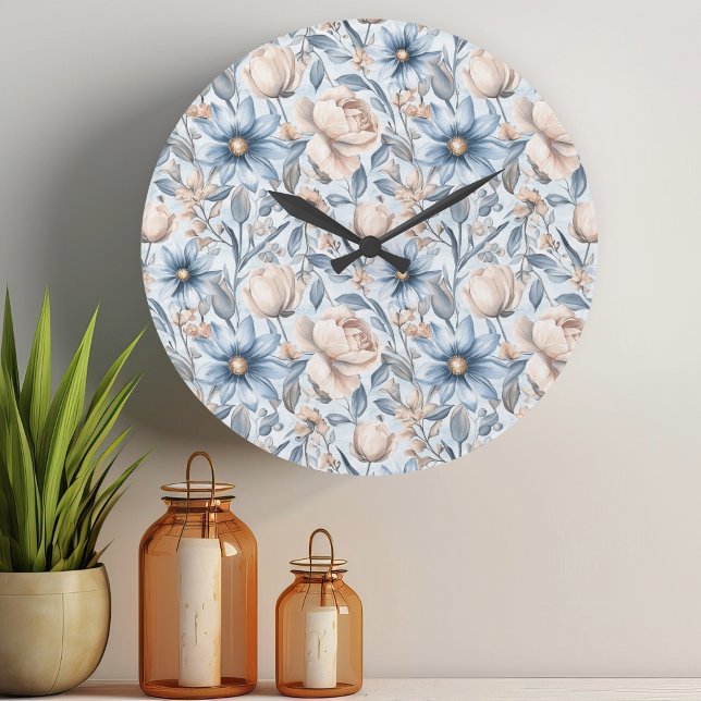 Reloj Redondo Grande Acuarela Botánica Azul y Rubor (Subido por el creador)