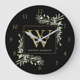 Reloj Redondo Grande Acuarela Botánica Monograma Verde Negro Oro