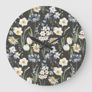 Reloj Redondo Grande Acuarela botánica, patrón de resorte floral.