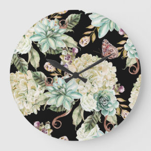 Reloj Redondo Grande Acuarela brillante: Patrón Rosa de Hydrangea.