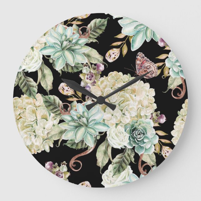 Reloj Redondo Grande Acuarela brillante: Patrón Rosa de Hydrangea. (Anverso)