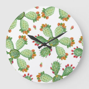 Reloj Redondo Grande Acuarela Cacti: Patrón de jardín tropical.
