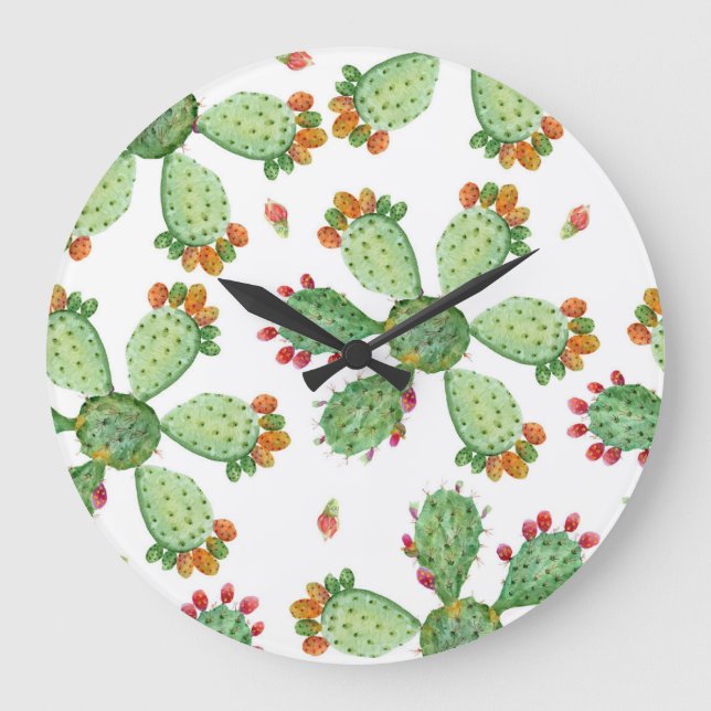Reloj Redondo Grande Acuarela Cacti: Patrón de jardín tropical. (Anverso)