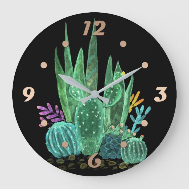 Reloj Redondo Grande Acuarela, cactus, flores (Anverso)