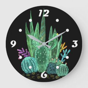 Reloj Redondo Grande Acuarela, cactus, flores reloj grande