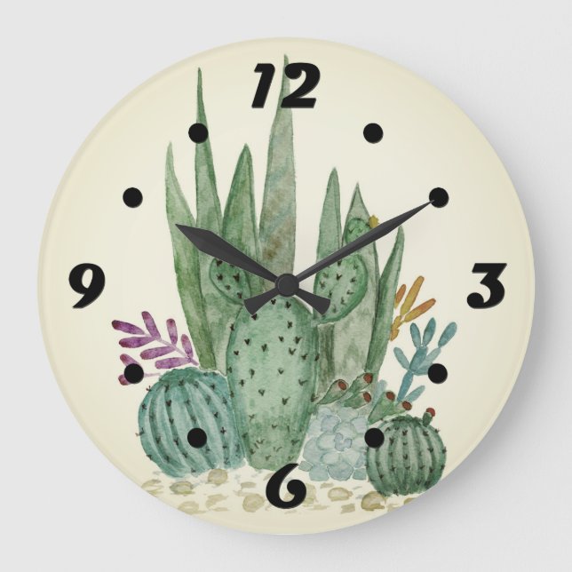 Reloj Redondo Grande Acuarela , cactus , suculentos (Anverso)