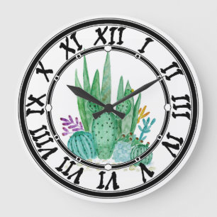 Reloj Redondo Grande Acuarela , cactus , suculentos