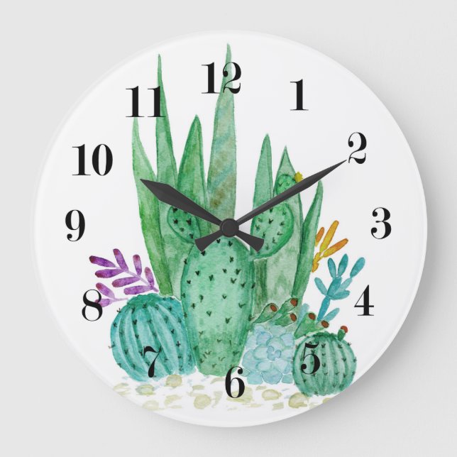 Reloj Redondo Grande Acuarela , cactus , suculentos (Anverso)