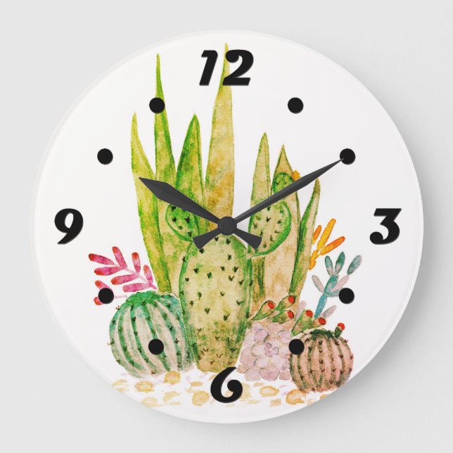 Reloj Redondo Grande Acuarela , cactus , suculentos (Anverso)