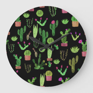 Reloj Redondo Grande Acuarela Cactuses Planta Fondo Sin Marea